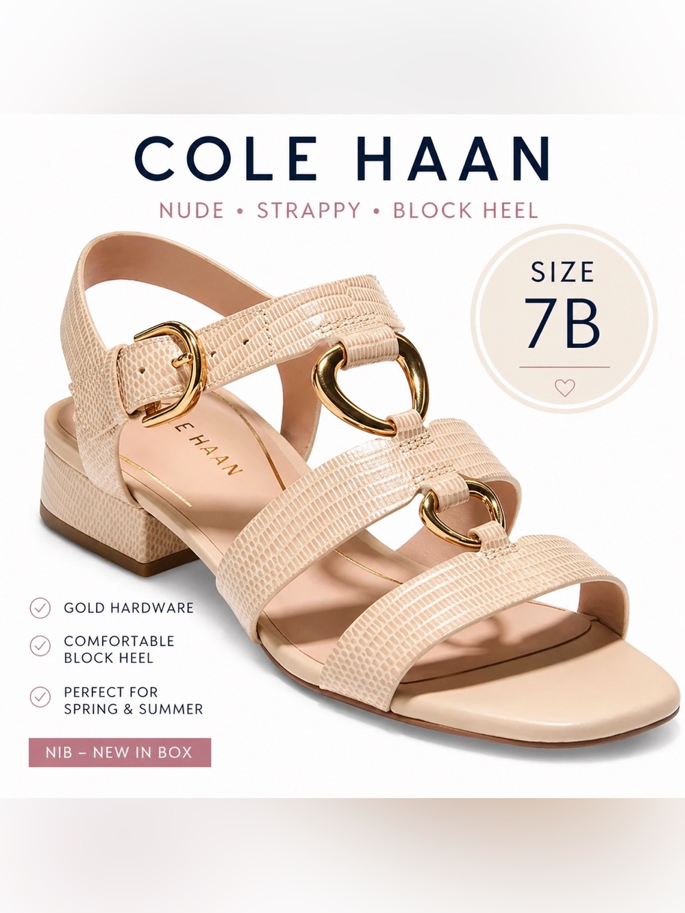 Cole Haan Lyanna Nude Strappy Block Heel Sandals Gold Hardware Size 7B NIB